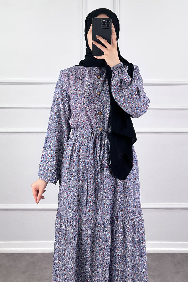 Çıtır Desen Pamuk Viskon Elbise - Mavi