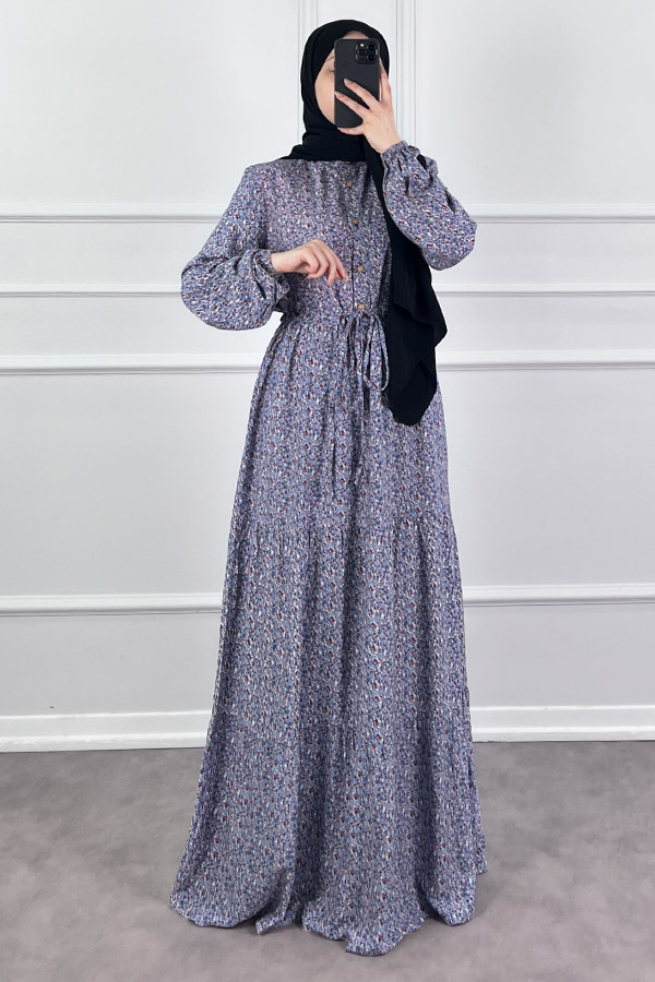 Çıtır Desen Pamuk Viskon Elbise - Mavi
