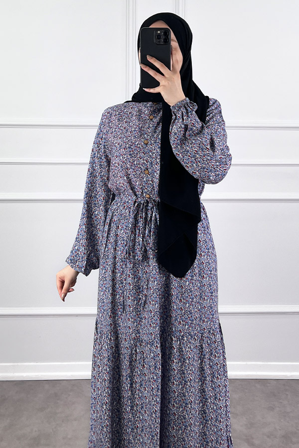 Çıtır Desen Pamuk Viskon Elbise - Mavi