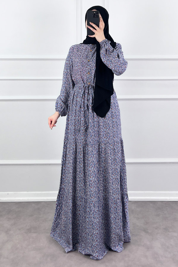 Çıtır Desen Pamuk Viskon Elbise - Mavi