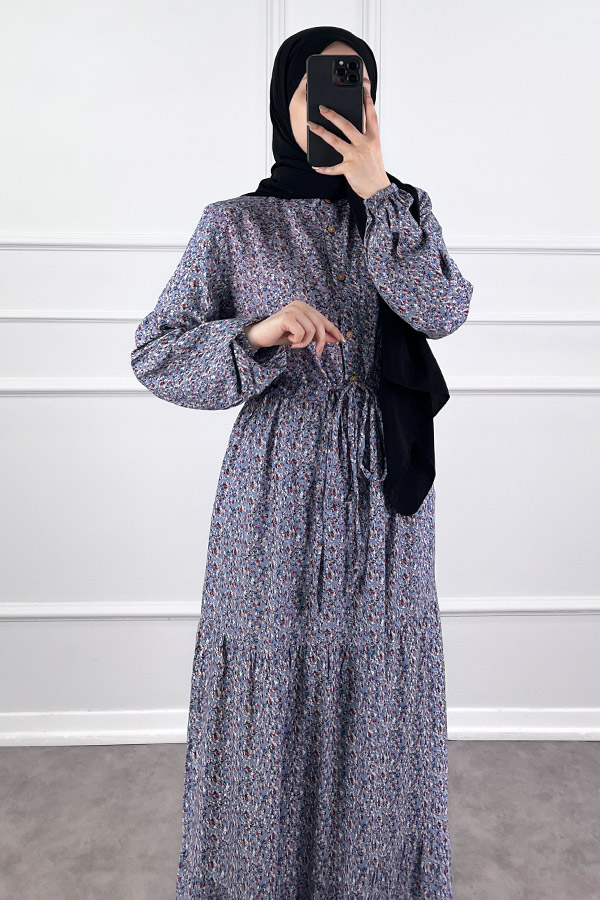 Çıtır Desen Pamuk Viskon Elbise - Mavi