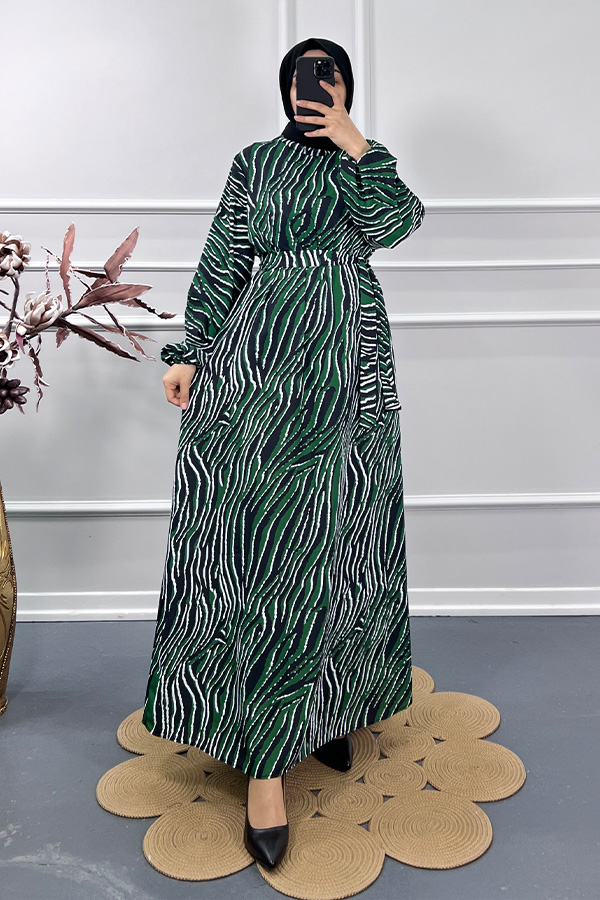 Çizgi Desenli Elbise - Yeşil