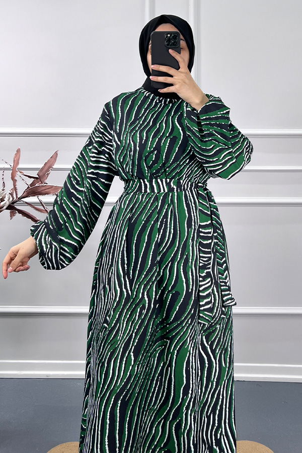 Çizgi Desenli Elbise - Yeşil