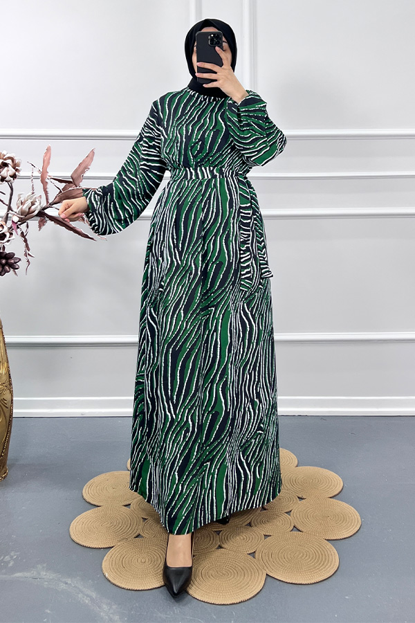 Çizgi Desenli Elbise - Yeşil