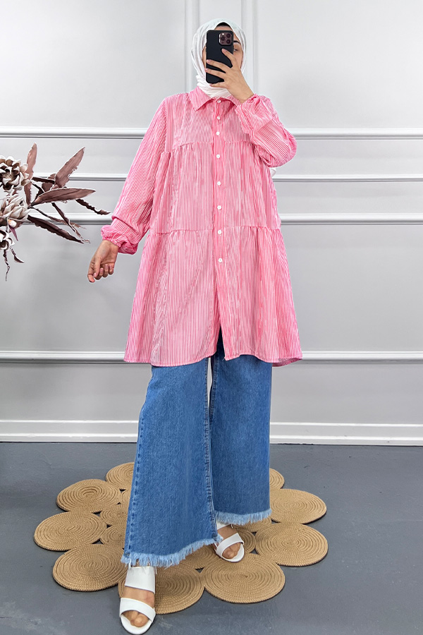 Çizgili Gömlek Tunik - Pembe