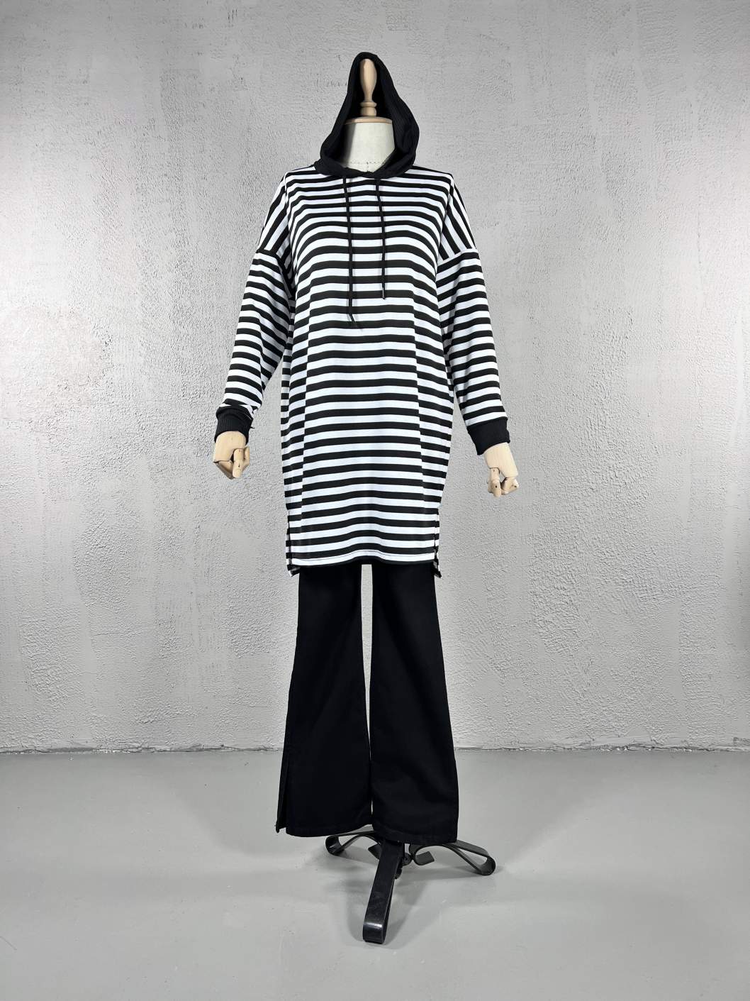 Çizgili Kapşonlu Tunik - Siyah