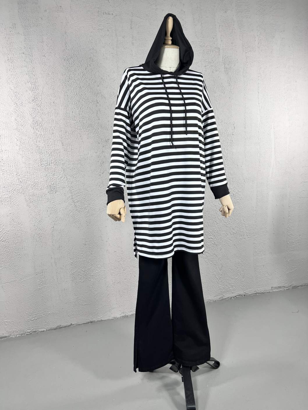 Çizgili Kapşonlu Tunik - Siyah