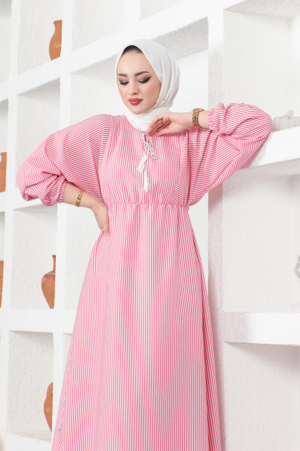 Çizgili Tesettür Elbise - Pembe