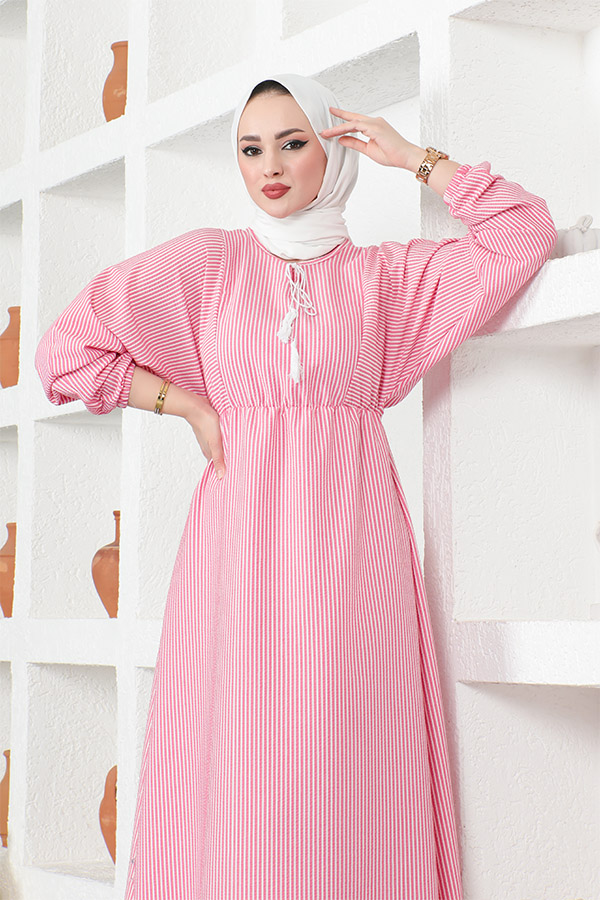 Çizgili Tesettür Elbise - Pembe
