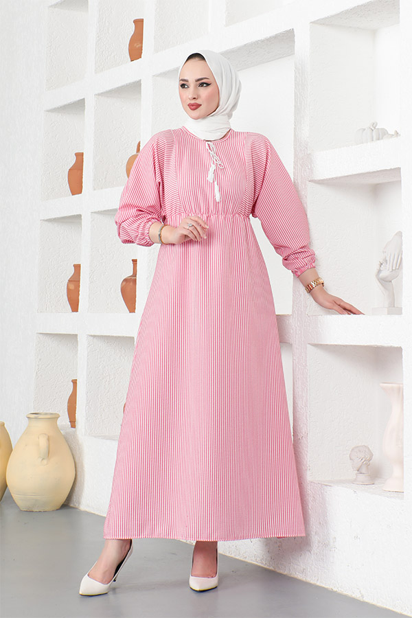 Çizgili Tesettür Elbise - Pembe