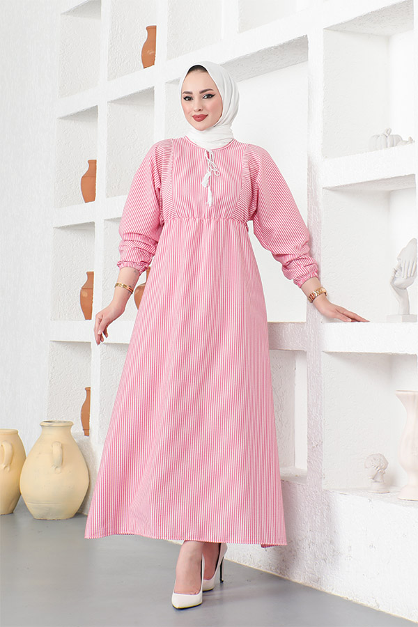 Çizgili Tesettür Elbise - Pembe