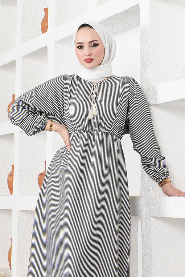 Çizgili Tesettür Elbise - Siyah