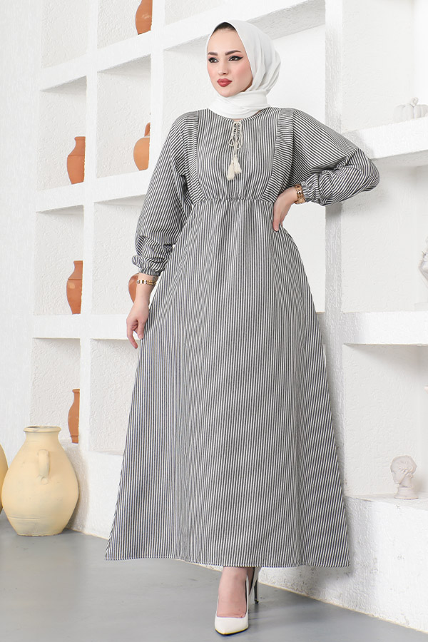 Çizgili Tesettür Elbise - Siyah