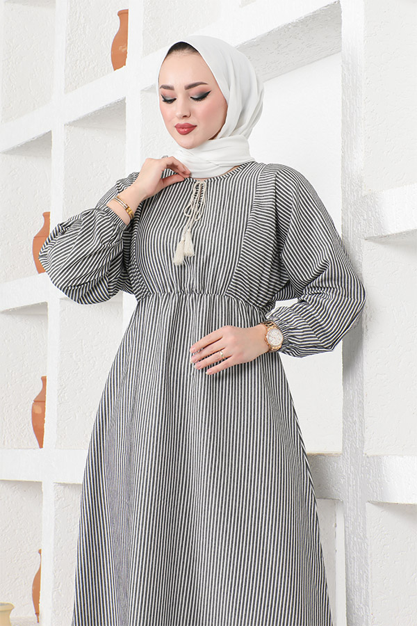 Çizgili Tesettür Elbise - Siyah