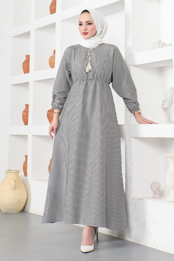 Çizgili Tesettür Elbise - Siyah