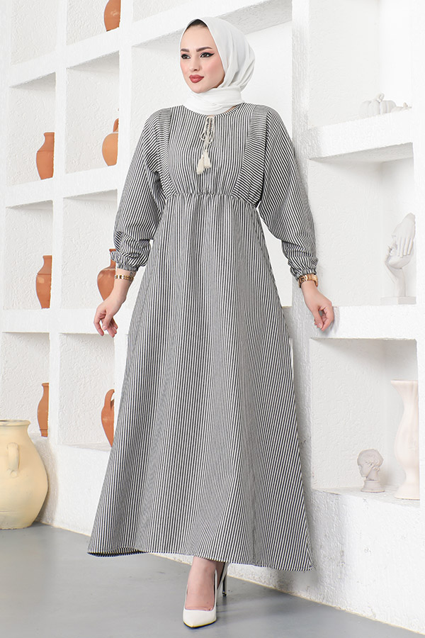 Çizgili Tesettür Elbise - Siyah