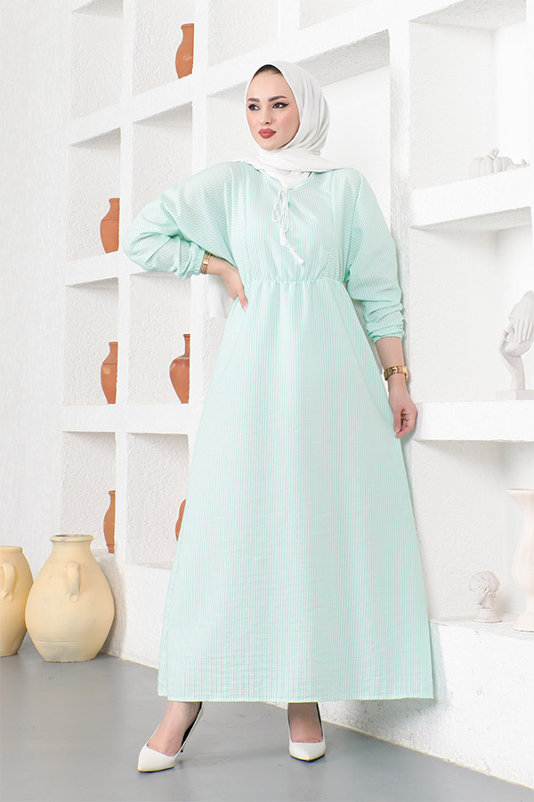 Çizgili Tesettür Elbise - Su Yeşili