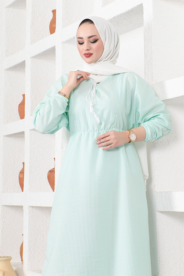 Çizgili Tesettür Elbise - Su Yeşili