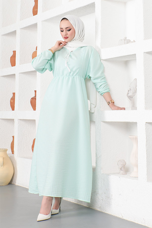 Çizgili Tesettür Elbise - Su Yeşili