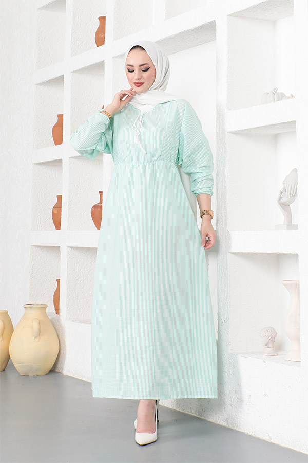Çizgili Tesettür Elbise - Su Yeşili
