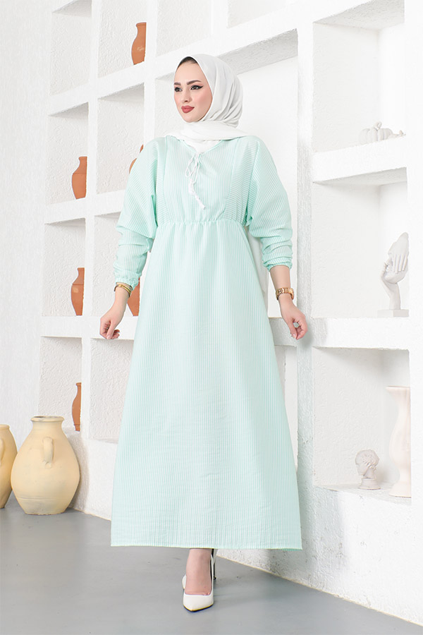 Çizgili Tesettür Elbise - Su Yeşili