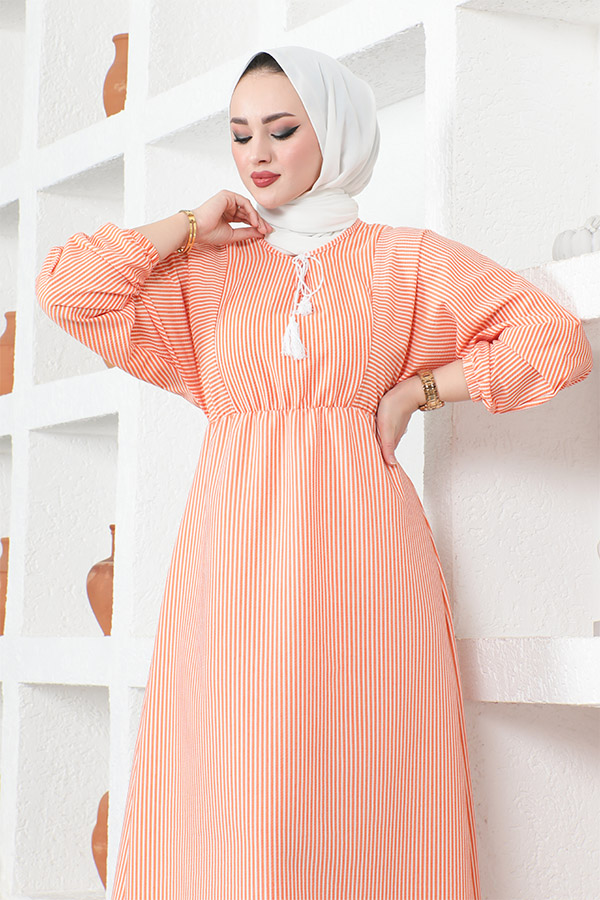 Çizgili Tesettür Elbise - Turuncu