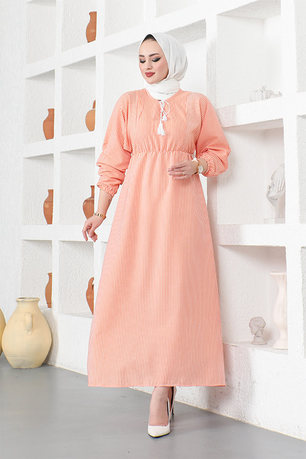 Çizgili Tesettür Elbise - Turuncu
