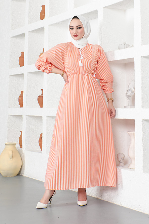 Çizgili Tesettür Elbise - Turuncu