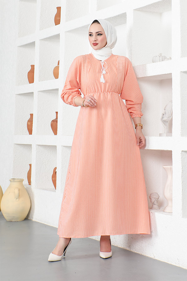 Çizgili Tesettür Elbise - Turuncu