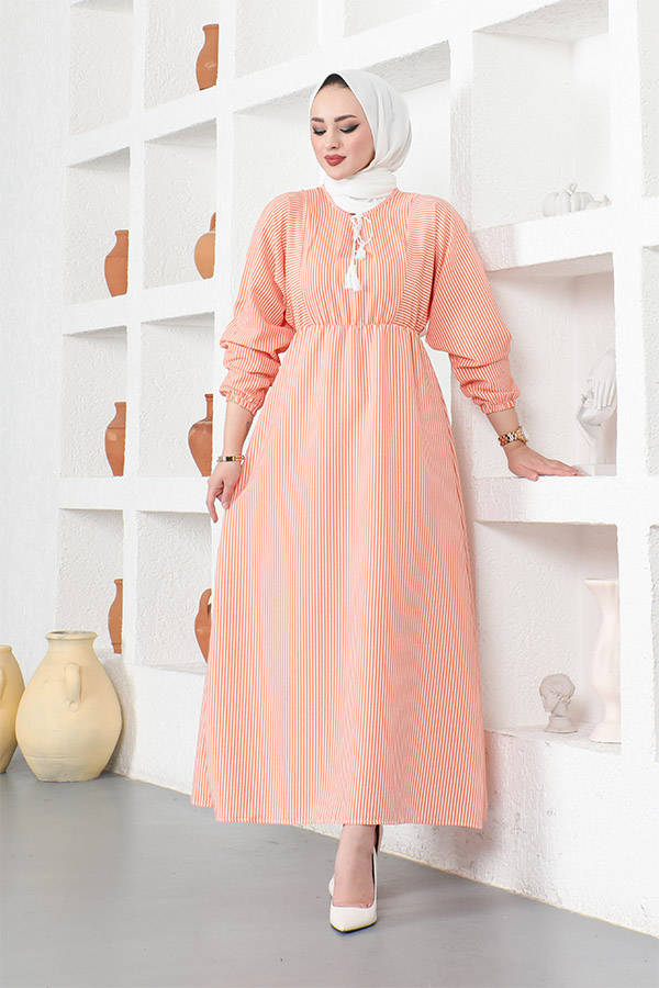Çizgili Tesettür Elbise - Turuncu