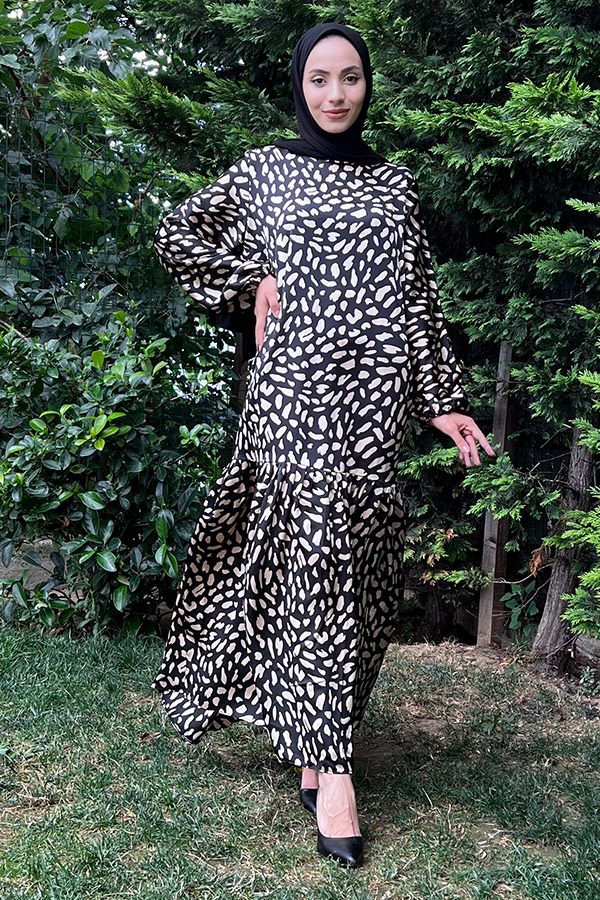 Damra Fırfırlı Saten Elbise - Siyah