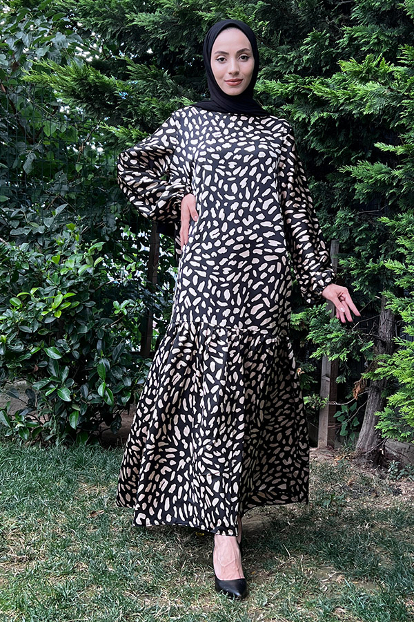 Damra Fırfırlı Saten Elbise - Siyah