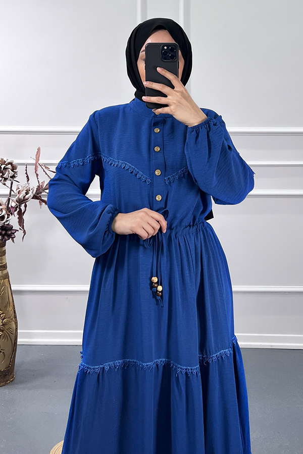 Dantel Detay Elbise - Mavi