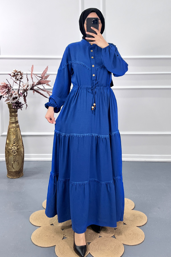 Dantel Detay Elbise - Mavi