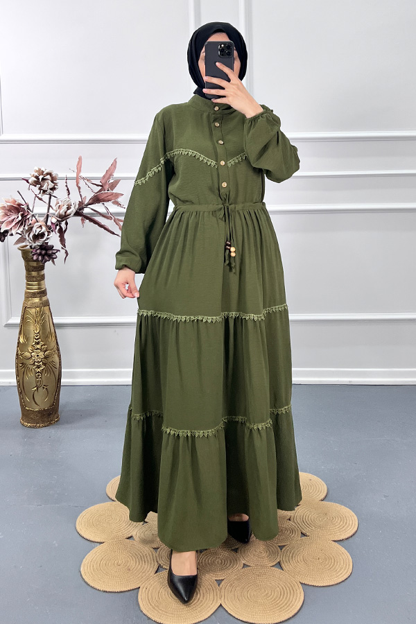 Dantel Detay Elbise - Yeşil