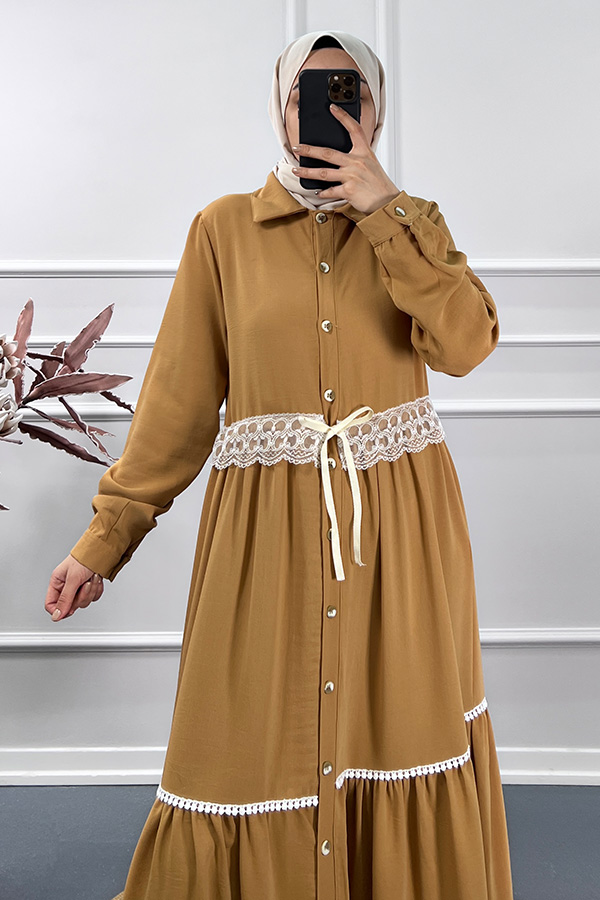 Dantel Detaylı Elbise - Camel
