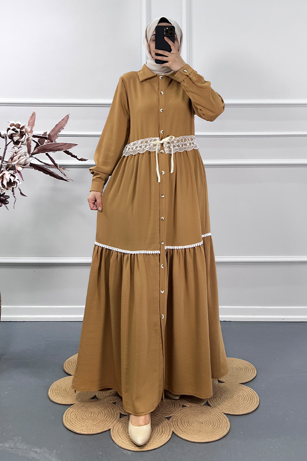 Dantel Detaylı Elbise - Camel