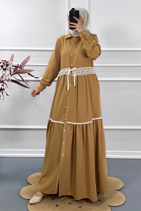 Dantel Detaylı Elbise - Camel