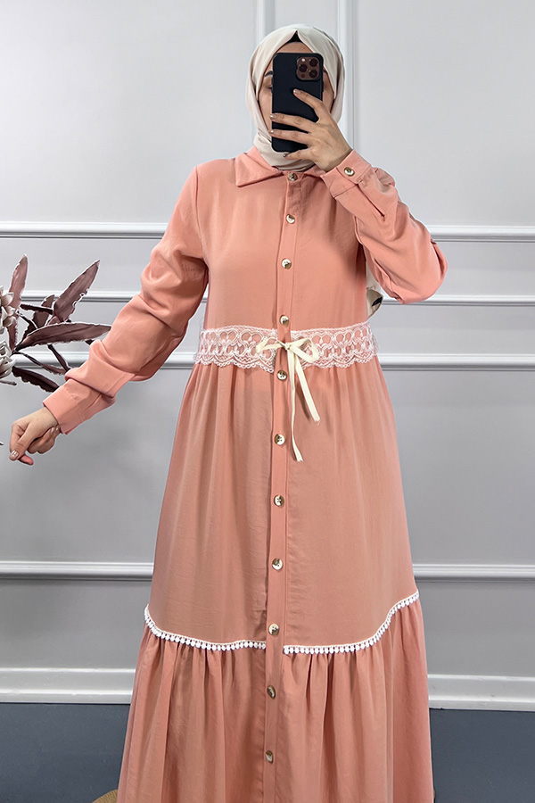 Dantel Detaylı Elbise - Pudra