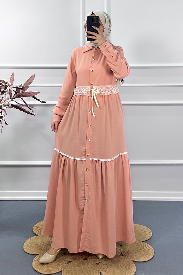 Dantel Detaylı Elbise - Pudra