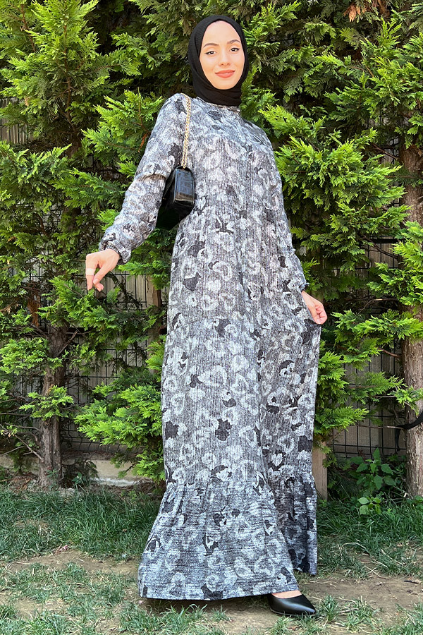 Desenli Elbise - Gri