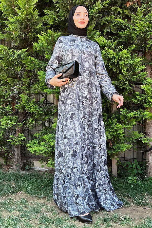 Desenli Elbise - Gri