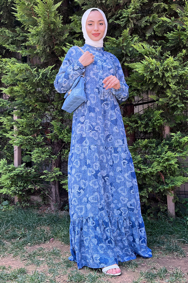 Desenli Elbise - Mavi