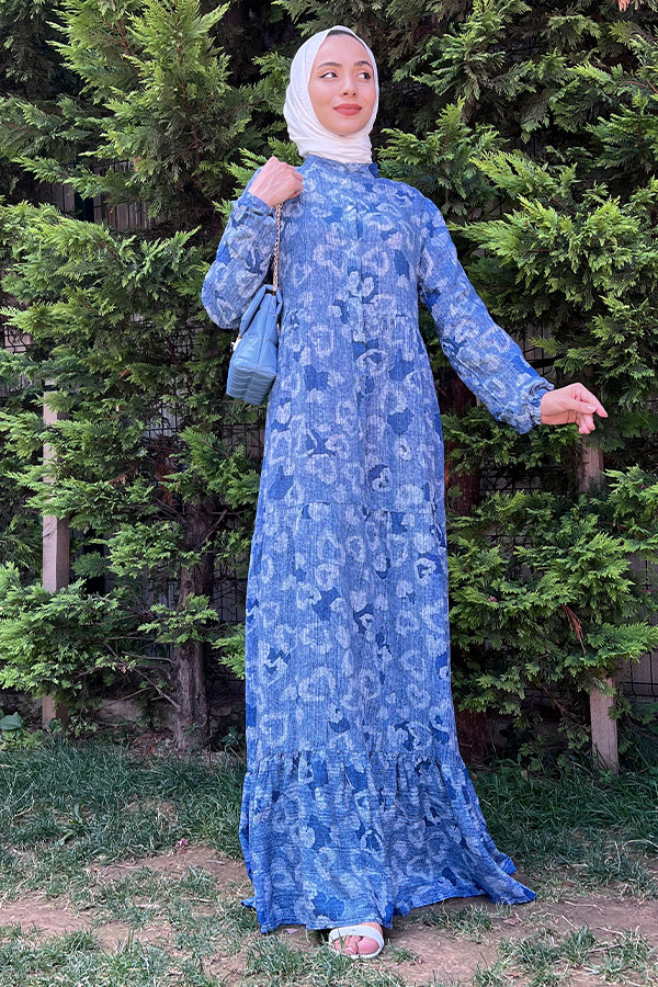 Desenli Elbise - Mavi