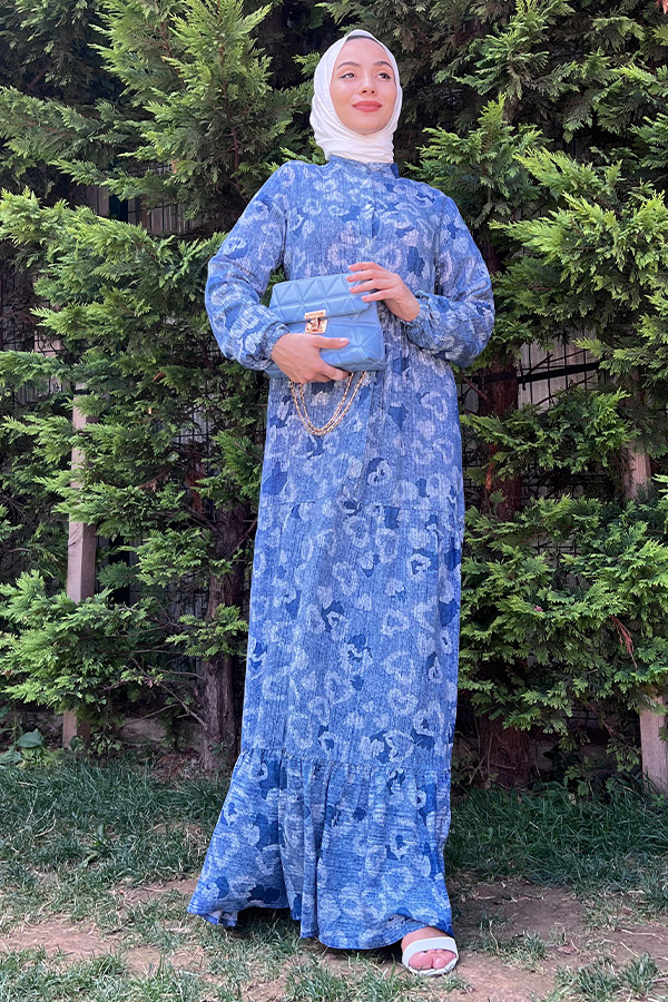 Desenli Elbise - Mavi