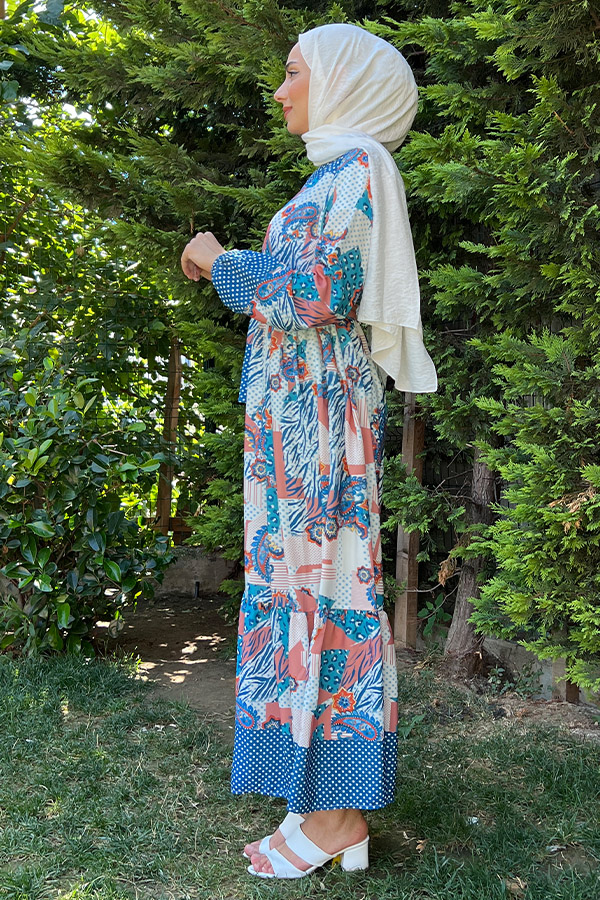 Desenli Şifon Elbise - Mavi