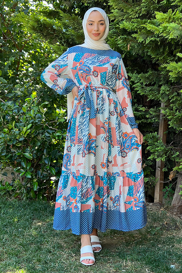 Desenli Şifon Elbise - Mavi