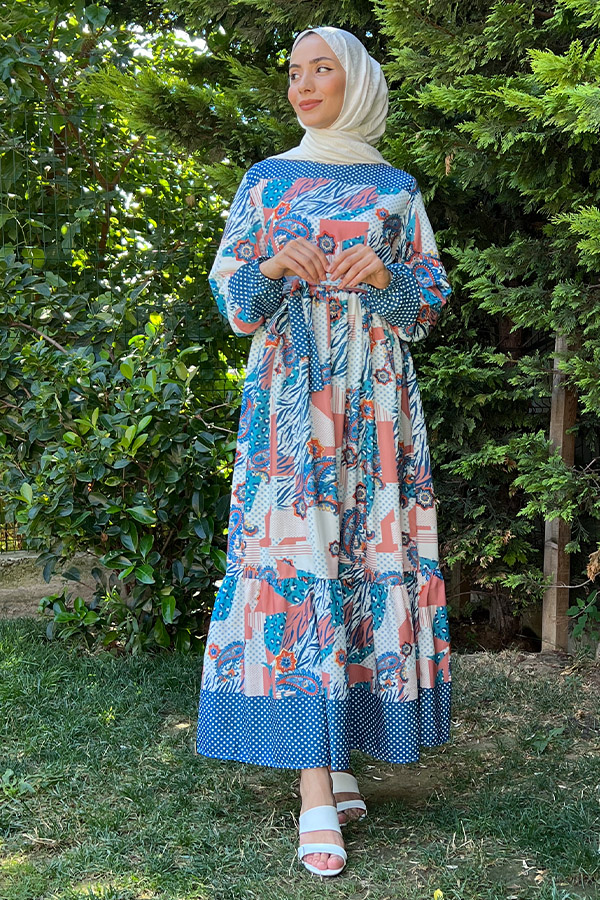 Desenli Şifon Elbise - Mavi