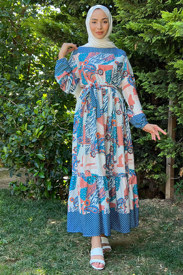 Desenli Şifon Elbise - Mavi