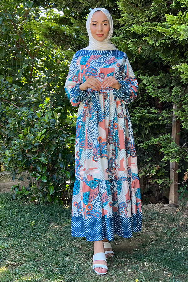 Desenli Şifon Elbise - Mavi